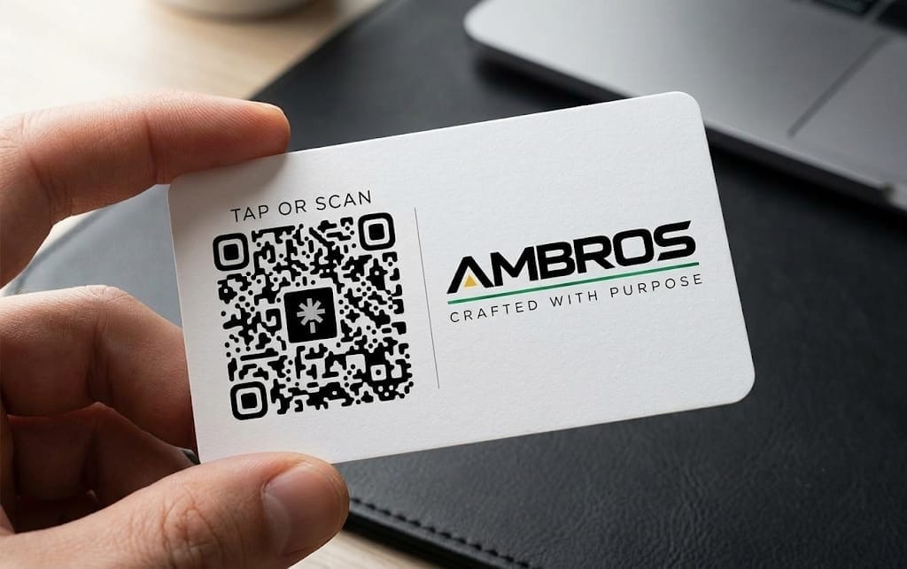 Ambros Studio Physical Metal NFC & Digital Visiting Card in hand